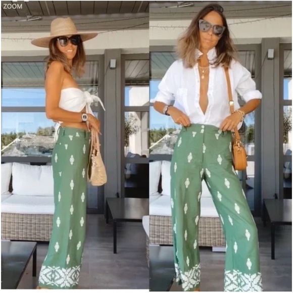 ZARA Linen Blend High Waisted Wide Leg Embroidered Culotte Pants - Picture 3 of 9